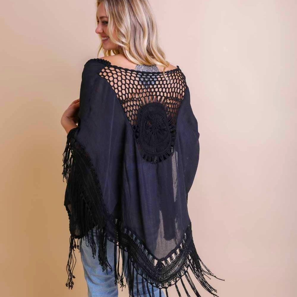Black Boho fringe tassel kimono